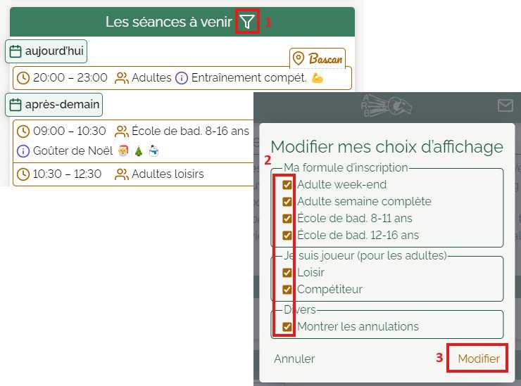 Comment filtrer les séances